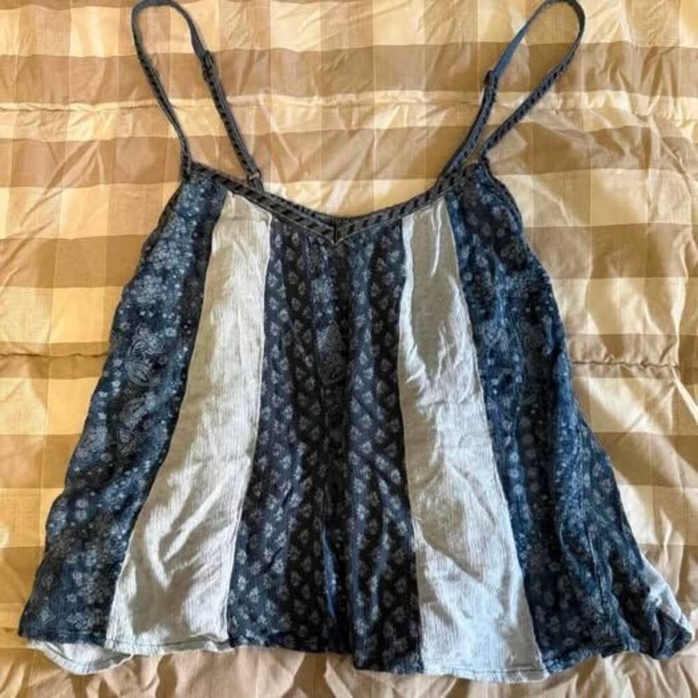 Size XS American Eagle Blue Patchwork Printed Flowy Tank Top Spaghetti Strap